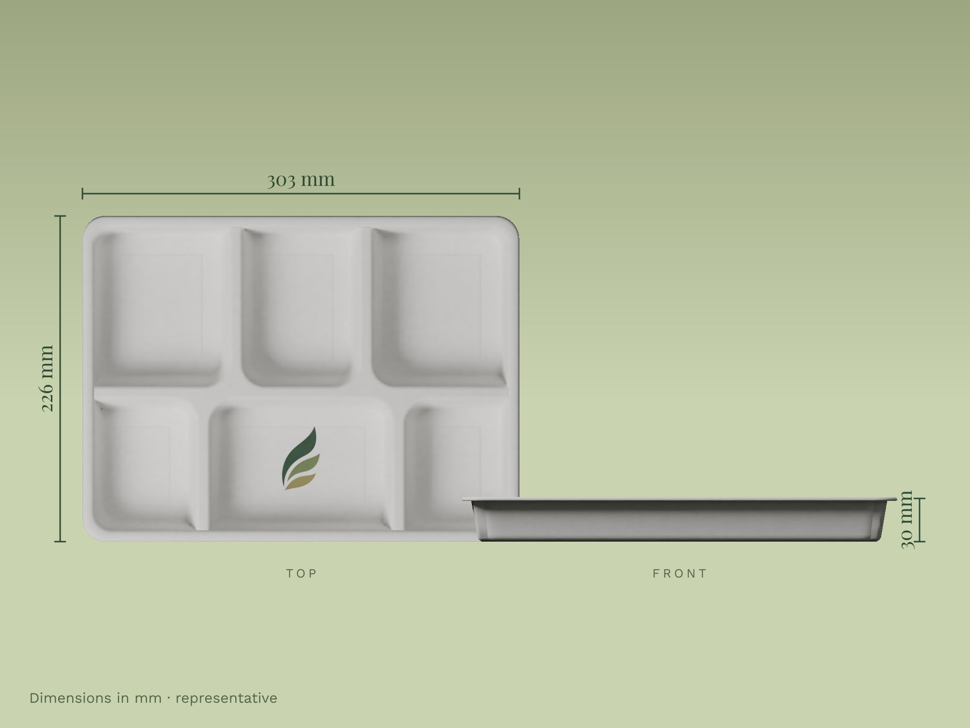 6-Compartment Meal Tray, dimensions in mm