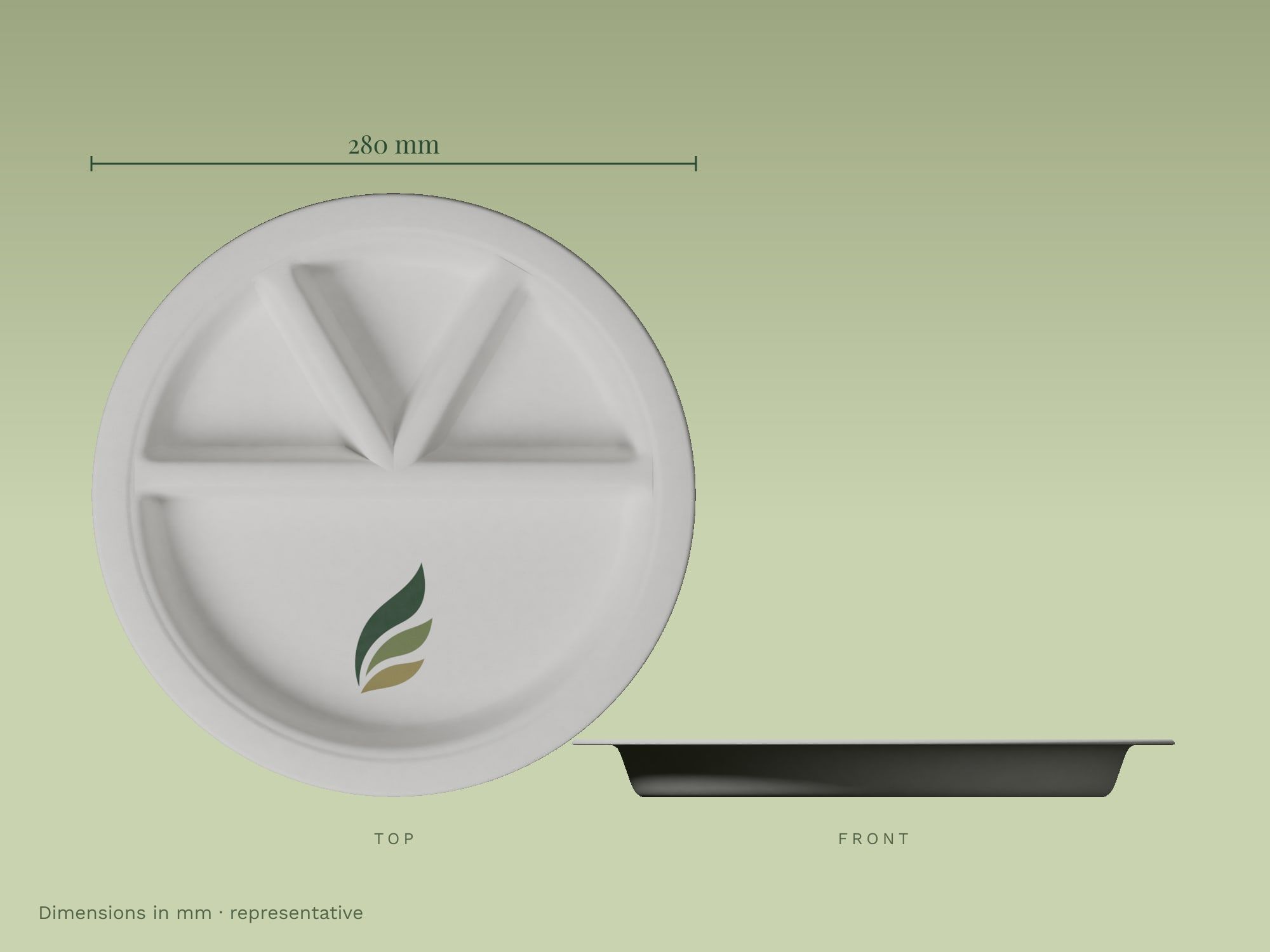 11" 4-Compartment Round Plate, dimensions in mm