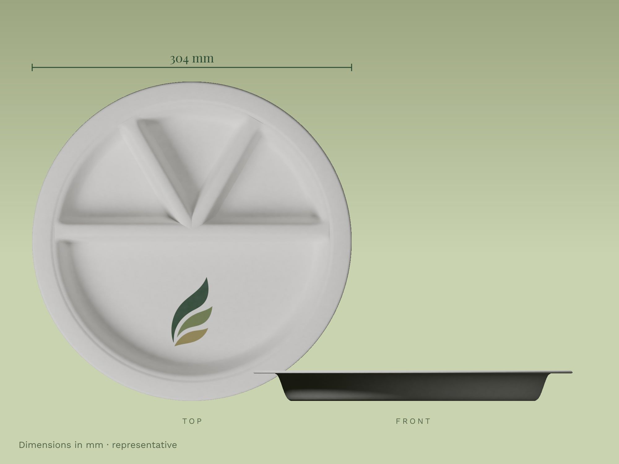 12" 4-Compartment Round Plate, dimensions in mm
