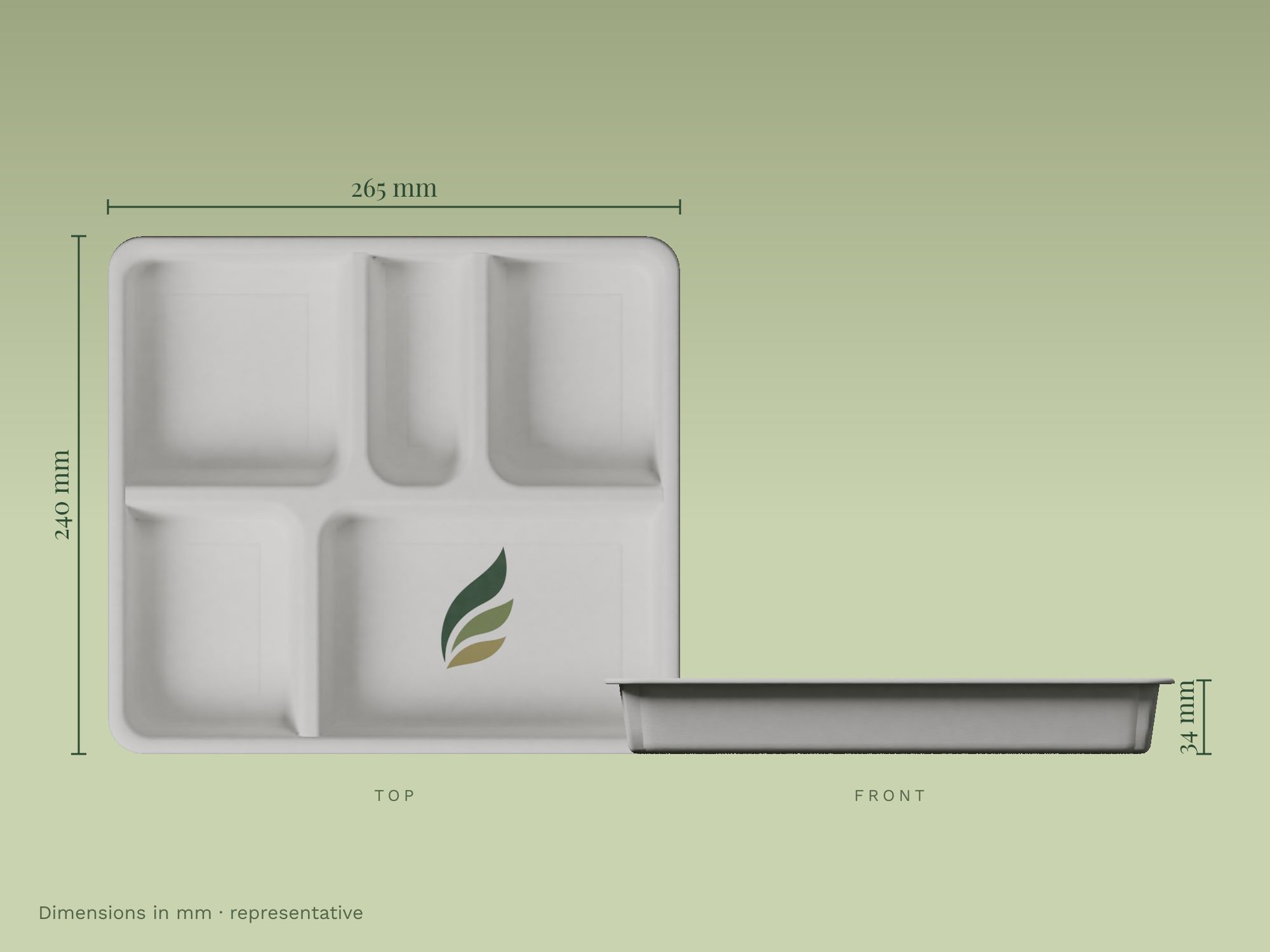 5-Compartment Deep Meal Tray, dimensions in mm