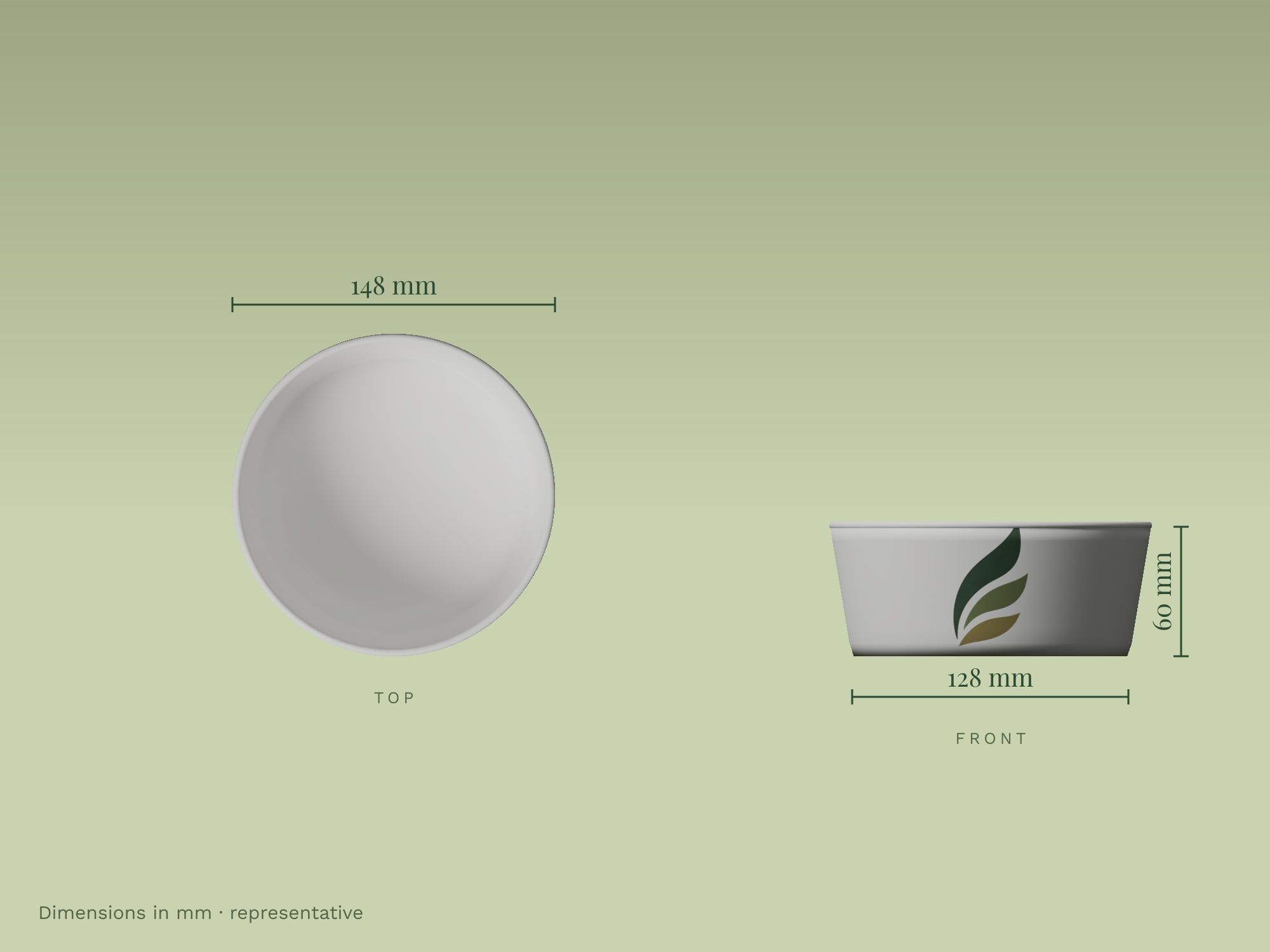 Salad Bowls, White, dimensions in mm
