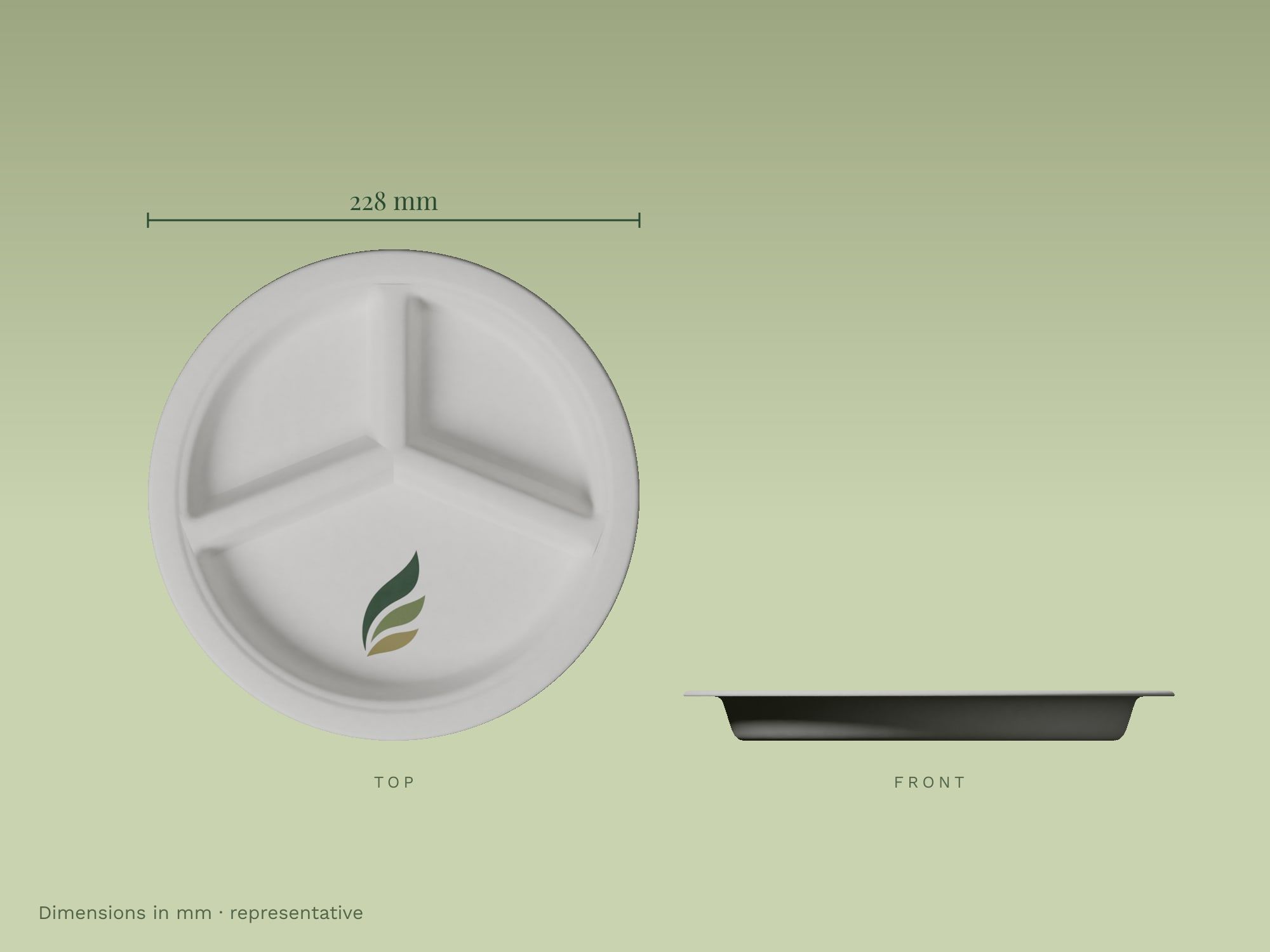 9" 3-Compartment Round Plate, dimensions in mm