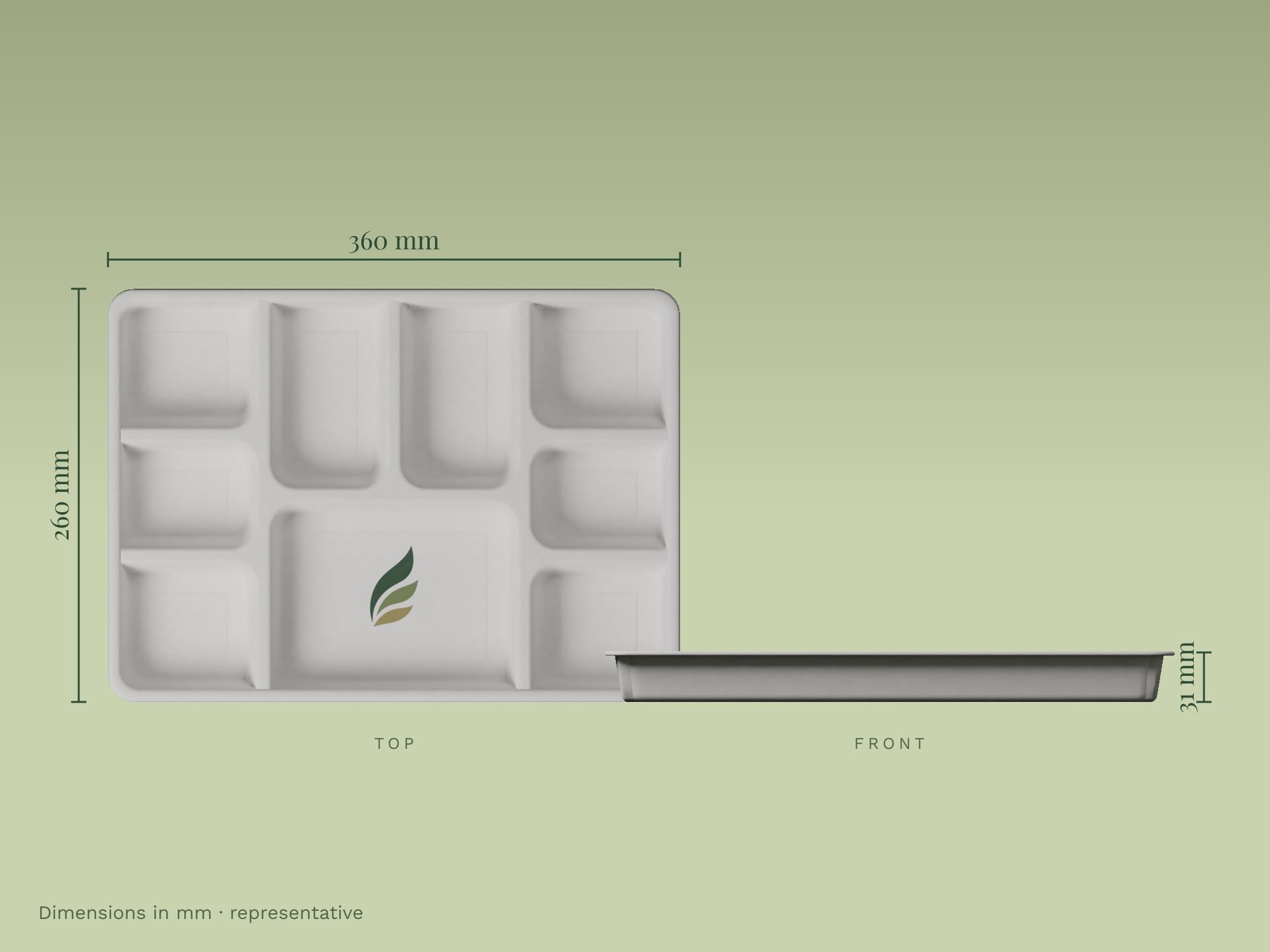 9-Compartment Meal Tray, dimensions in mm