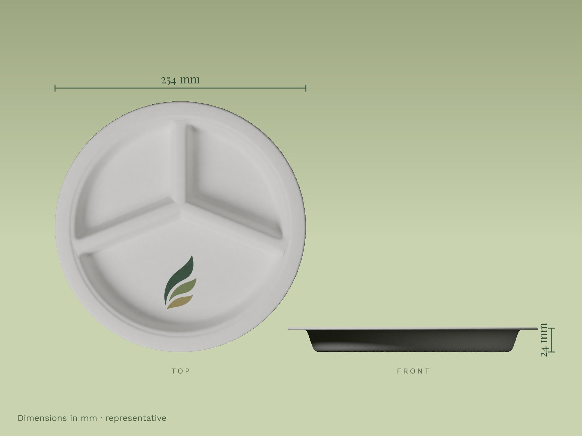 10" 3-Compartment Round Plate, dimensions in mm