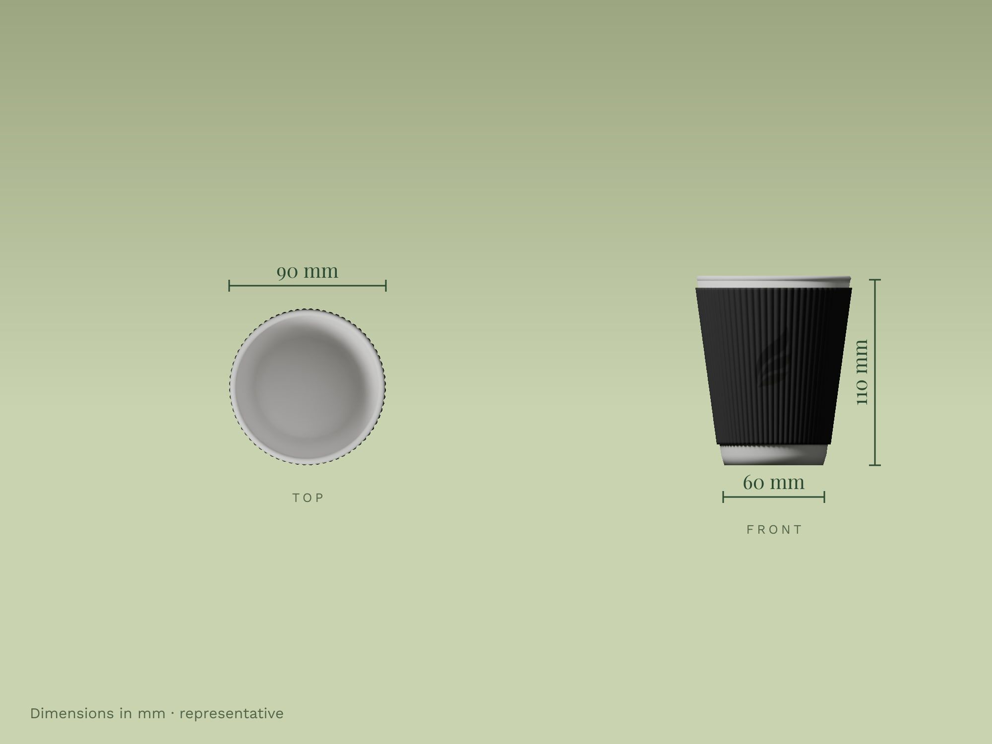 Ripple Wall Paper Cups, Black, dimensions in mm