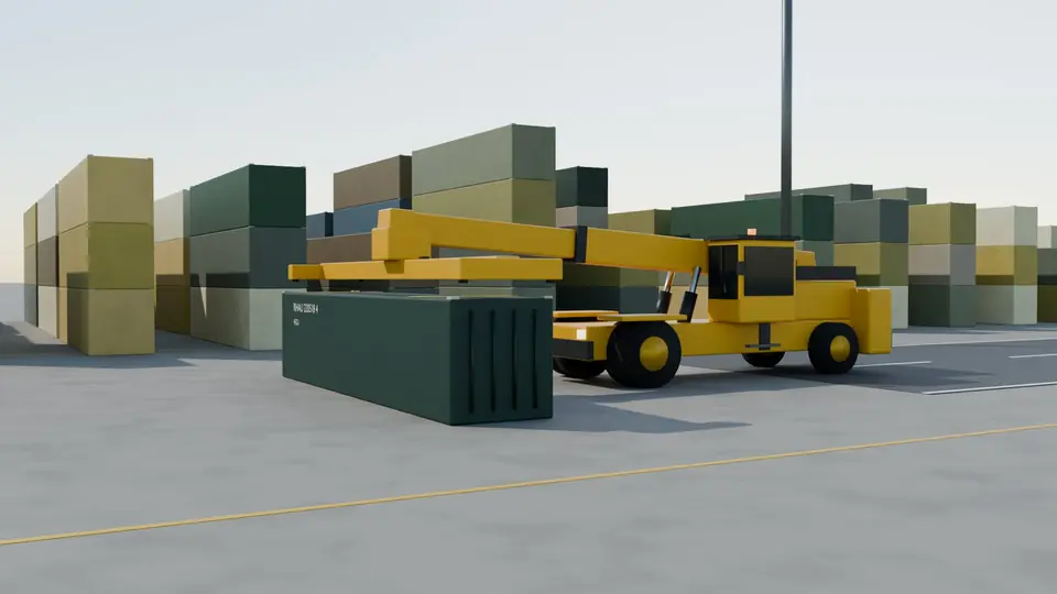 A reach stacker lifting our container on the quay