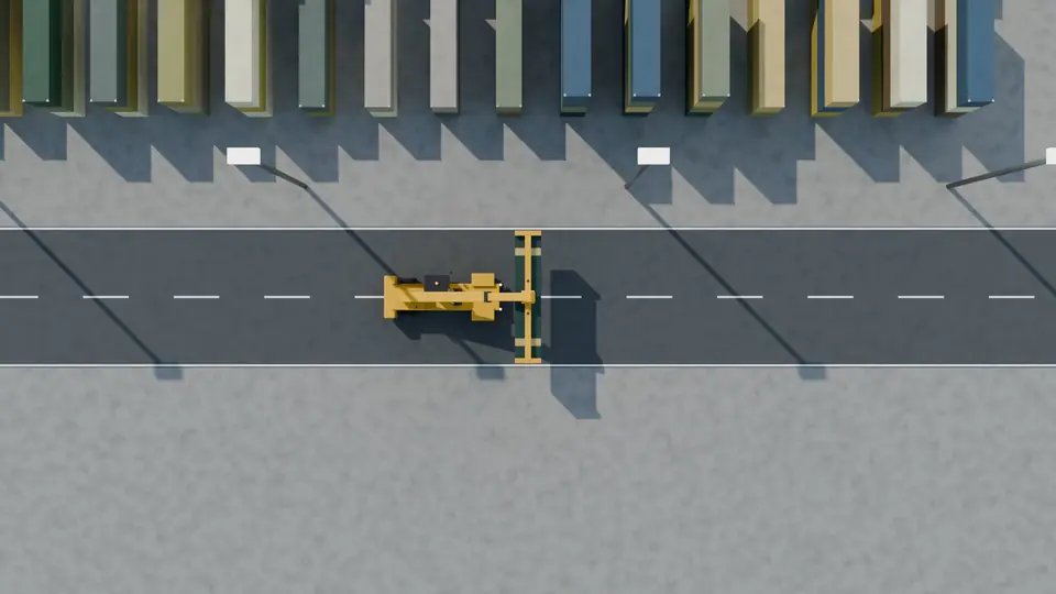 From above: the reach stacker carrying our container down the terminal road