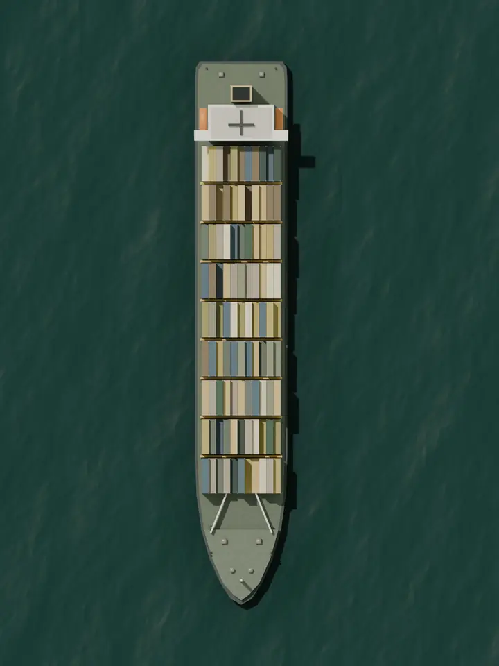From above: the container ship at sea, our container in its slot
